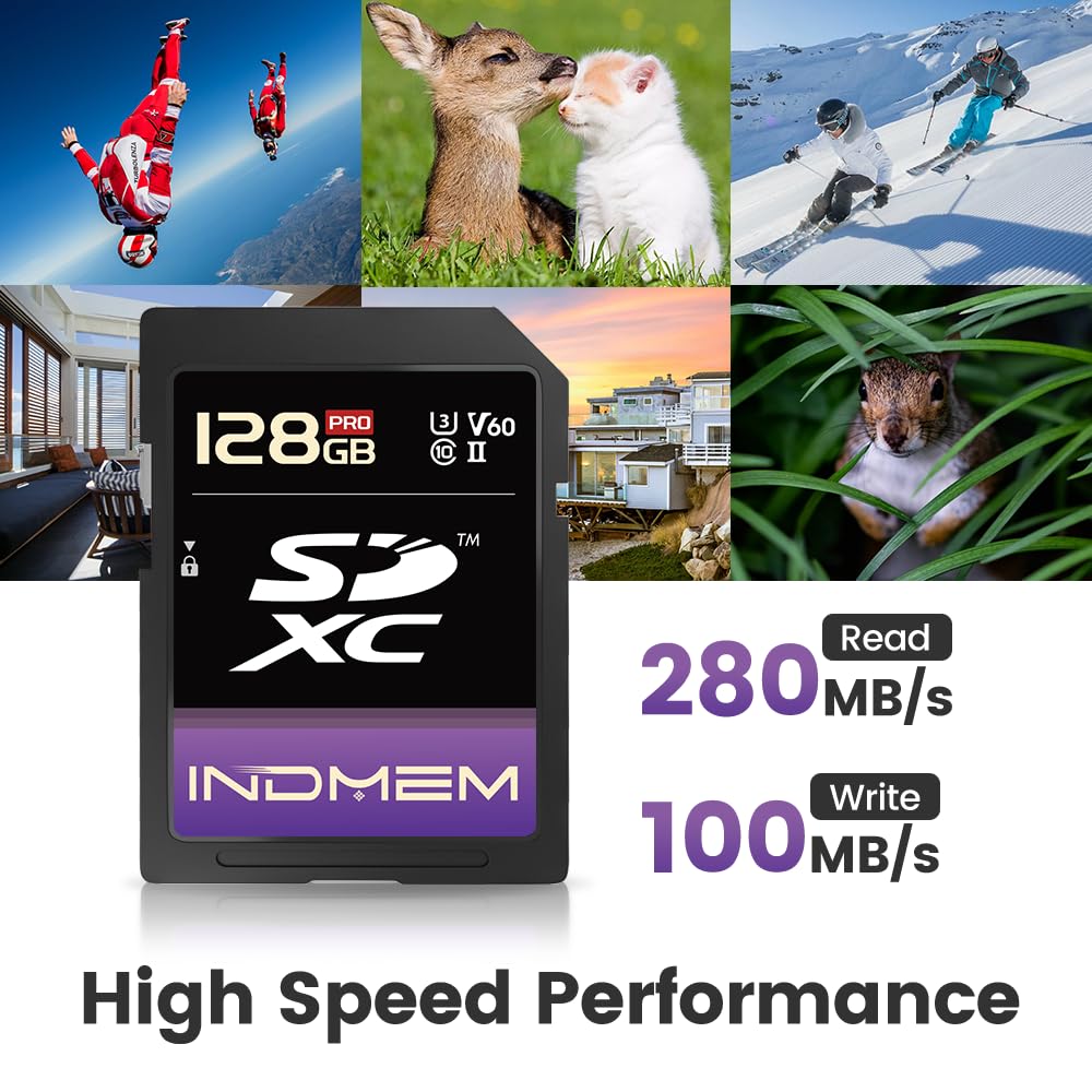 Tarjeta SD de 128 GB UHS-I V60 U3 SDXC, lectura de alta velocidad de hasta 280 MB/s, tarjetas de memoria V60 para cámara profesional de video 4K/6K