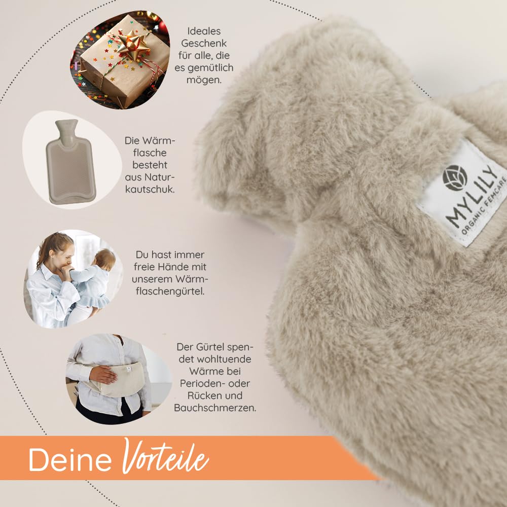 MYLILY Wärmflaschengürtel für Bauch & Periode, 1 l, Naturkautschuk, Beige | 3-in-1, 130 cm Klettgürtel, Naturkautschuk BPA-frei, bei Regelschmerzen, Hände frei, vordere Tasche, Plüschbezug, waschbar