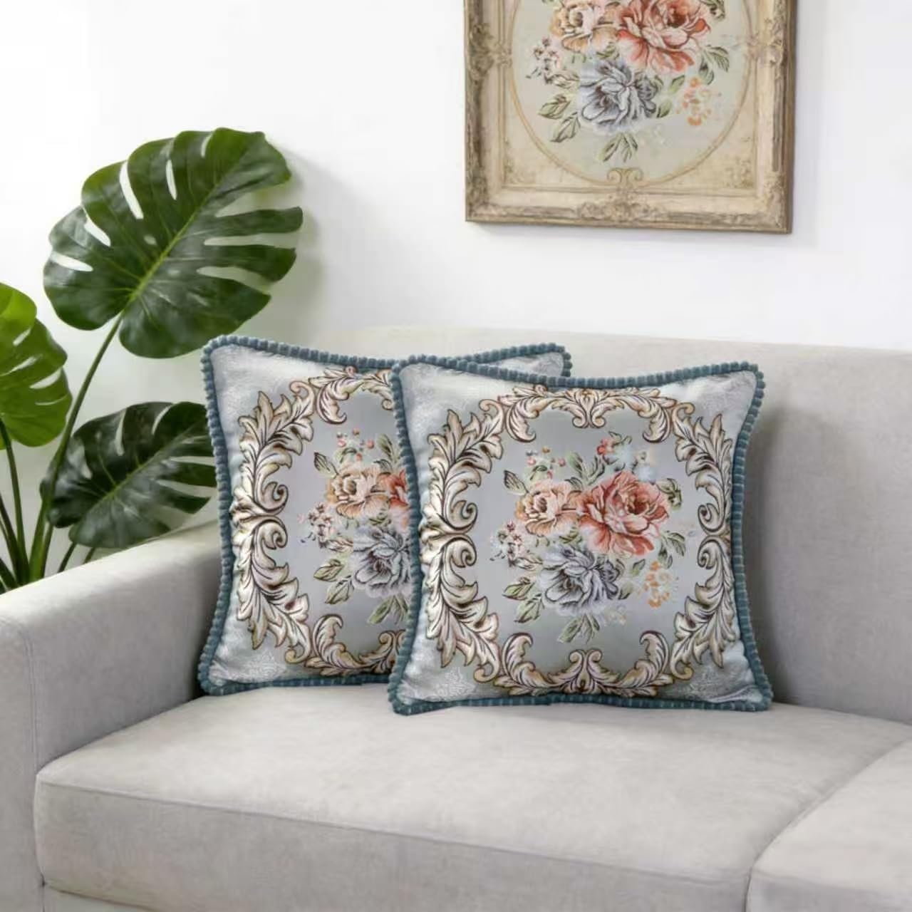Set of 2 White Vintage Throw Pillow Covers 18x18 Inch,Euro Embroidered Cushion Covers for Sofa, White Pillow Covers for Living Room, Bedroom