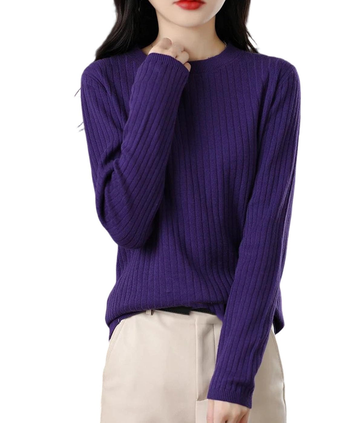 Women Cotton Sweater O-Neck Pullover Vertical Pit Strip Long Sleeve Slim Warm Bottoming Tops