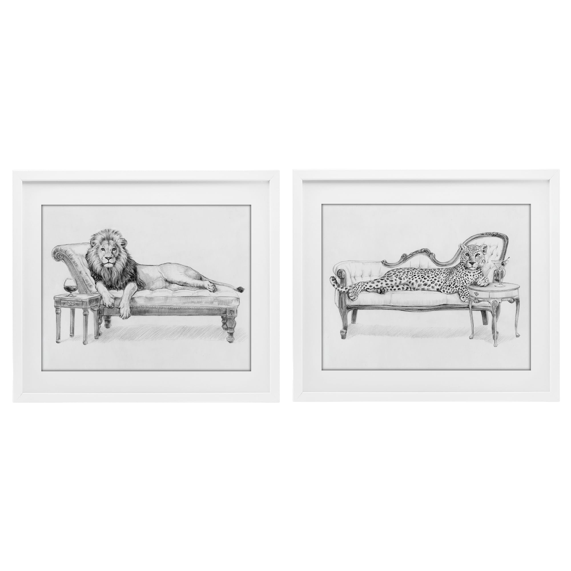 'Lounging Beasts Wildlife'| 2pc Framed Print Under Glass Set