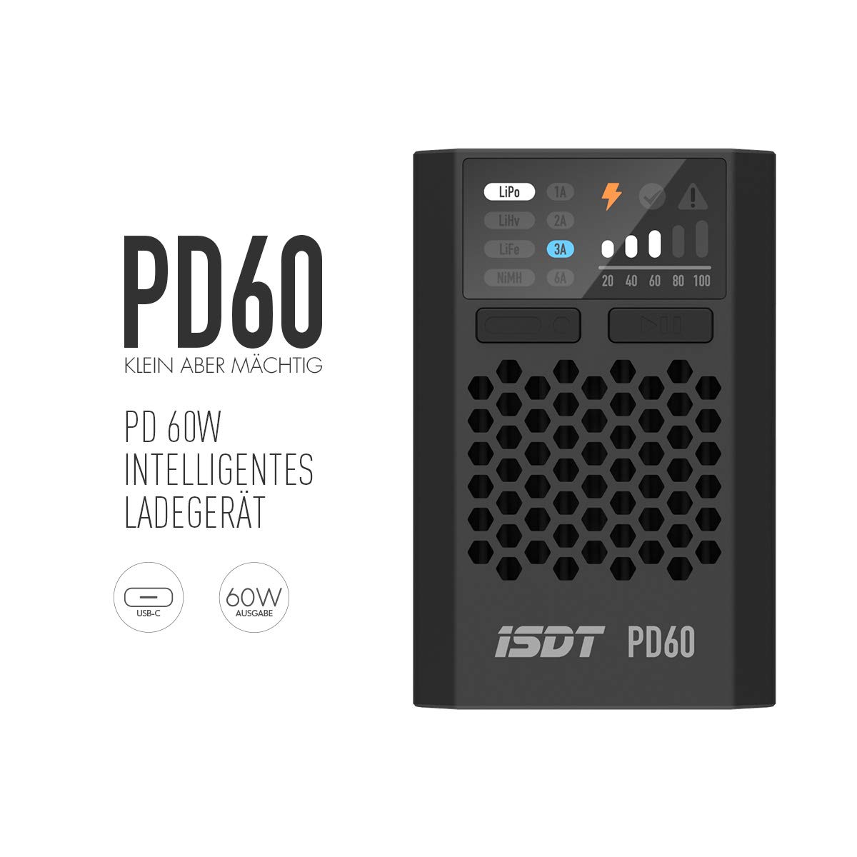 ISDT PD60 - Caricatore per bilanciamento Lipo, 60 W, 6 A, con ingresso Type-C, portatile per 1-4S Lipo/Life/Lilon, 1-12S LiHv/Pb/NiMH-Batterie