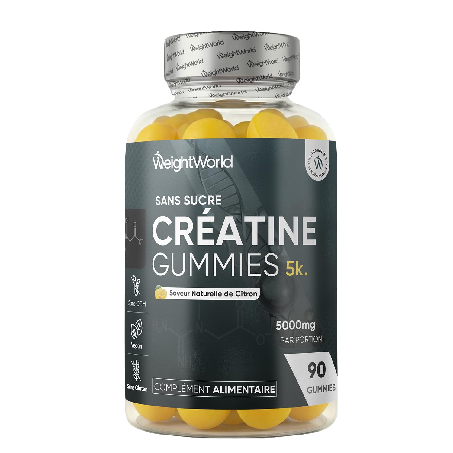 Creatine Gummies 5000mg Vegan sans Sucre - selon l'EFSA, la créatine augmente les performances physiques lors d'exercices successifs de courte durée et de haute intensité - Saveur Citron