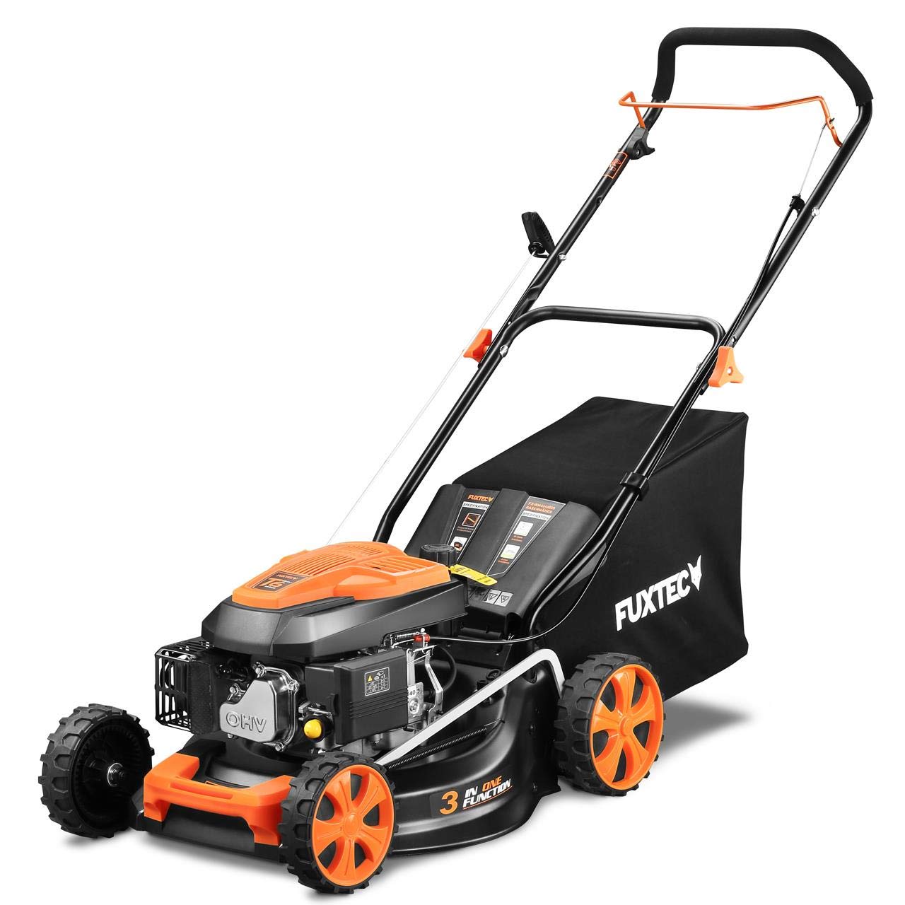 Kosiarka spalinowa FUXTEC 3w1 FX-RM4646ECO, 3,5 KM / 2,6 kW, szer. koszenia 46 cm, 7 poziomów (25–75 mm), 4-suwowa, kosz 50 l, mulczowanie i zlacze czyszczace