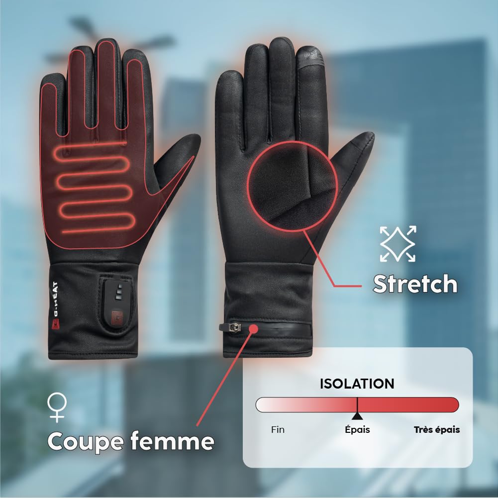 G-HEAT - Gants chauffants CITY - Femme - Tactiles - Légers - Stretchs. Usages : ville, personnes souffrant du froid. Fournis avec 1 paire de batteries et câble de recharge