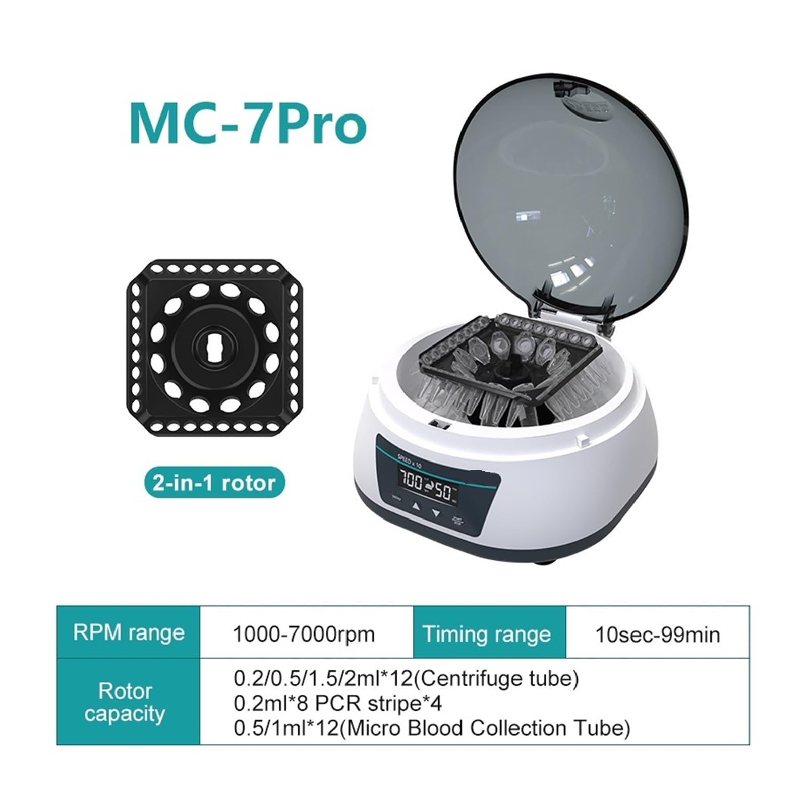 Centrífuga de mesa, Mini Máquina Centrífuga De Laboratorio Pcr Digital, Velocidad Ajustable 7000 Rpm For Tubo Centrífugo Y Microrecolección Sangre | MC-7Pro(7000rpm)