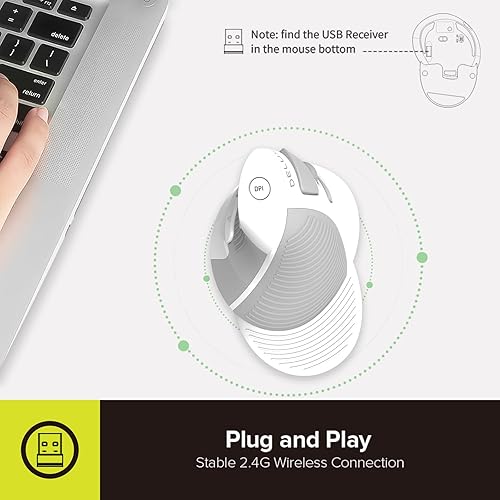 Miniatura 6 de DeLUX Ratón inalámbrico ergonómico recargable silencioso, 1600 DPI, reduce el dolor de mano y muñeca, mouse vertical con receptor USB y BT 5.0, 6