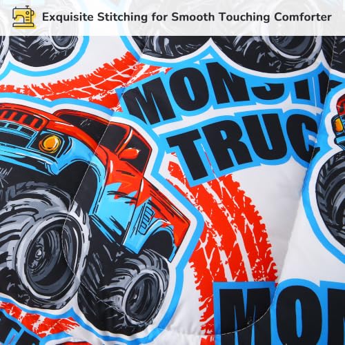 Image of Viviland Toddler Comforter Sets, 4 Pieces Bedding Sets, Monster Truck | Microfiber Truck Bed Set, Boys, Breathable & Soft, Comforter, Bed Sheet, Fitted Sheet and Pillowcase, Machine Washable