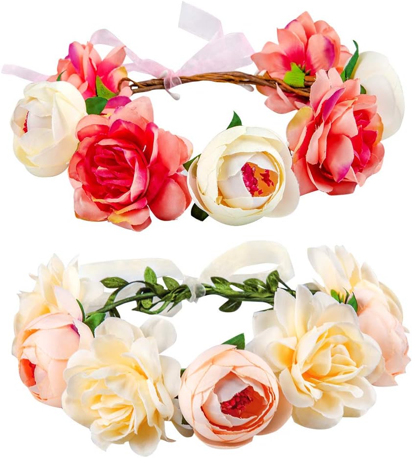 Flower Crown for Girls Women Baby, 2 Pack Adjustable Handmade Bridal Flower Wreath Headband, Halo Rose Crown, Floral Garland Headpiece for Wedding Family Traveling Photography