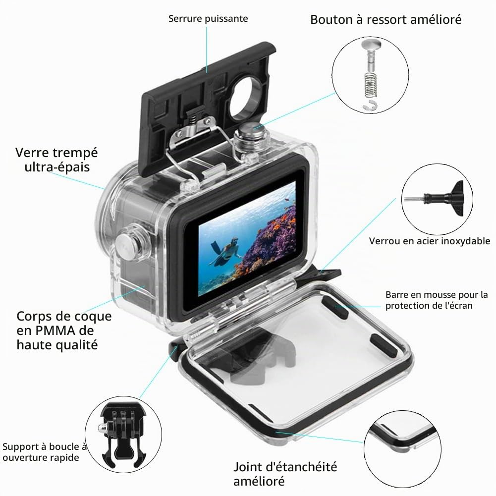 Kit Accessoire Plongée Osmo Action, Boîtier Etanche pour DJI Osmo Action 5 Pro/Action 4/Action 3, Boîtier Plongée+Mont Thumbscrew + Poignée Flottante Etanche + 6 Insert Anti-buée