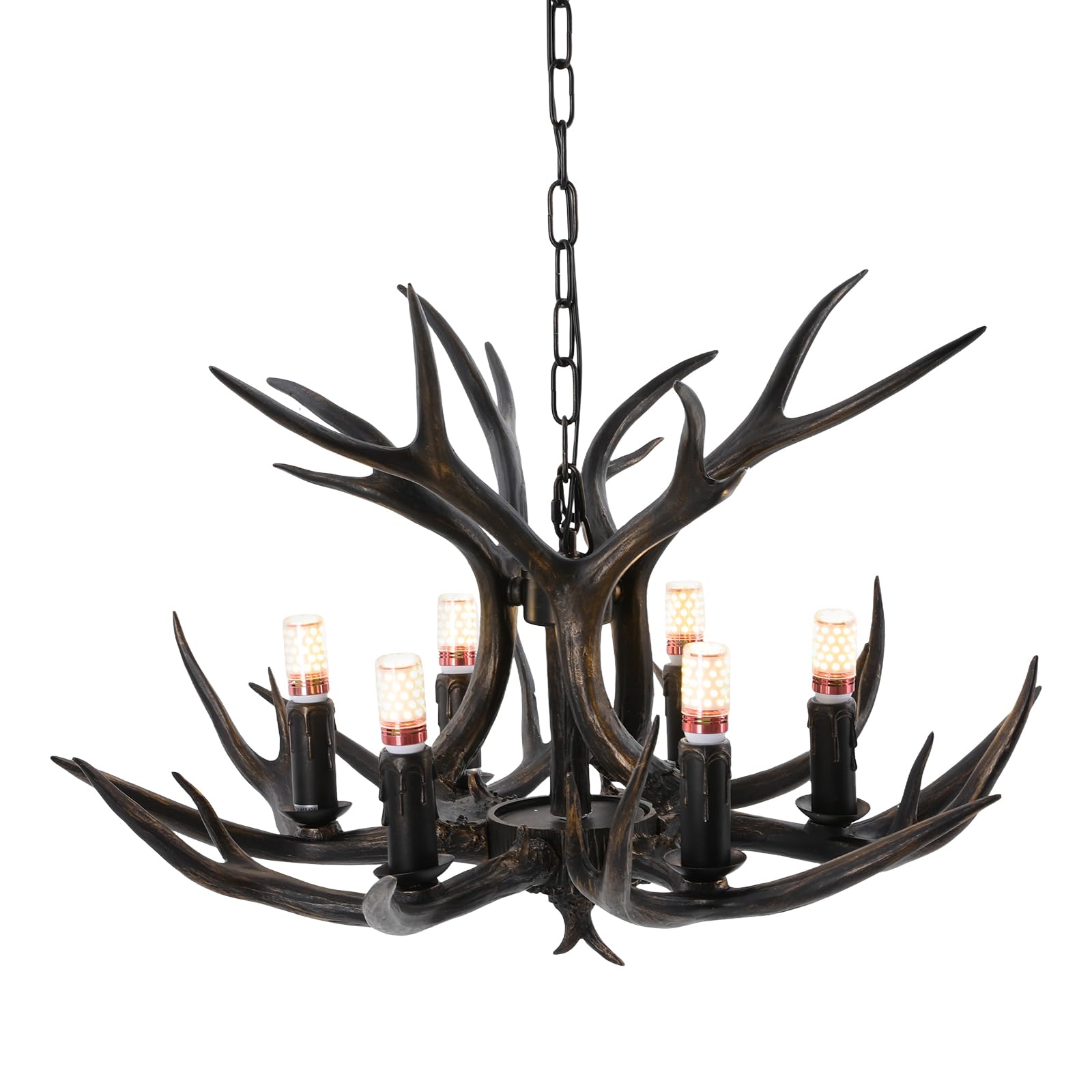 Geweih Kronleuchter E14 Schnittstelle Hirschgeweih Lampe 6 in 1 Kerze Type Geweihlampe Antik Hängeleucht 1M Einstellbare Ketten Retro Deckenlampe (ohne Glühbirne) (Schwarz, stück, 1.0, 1)