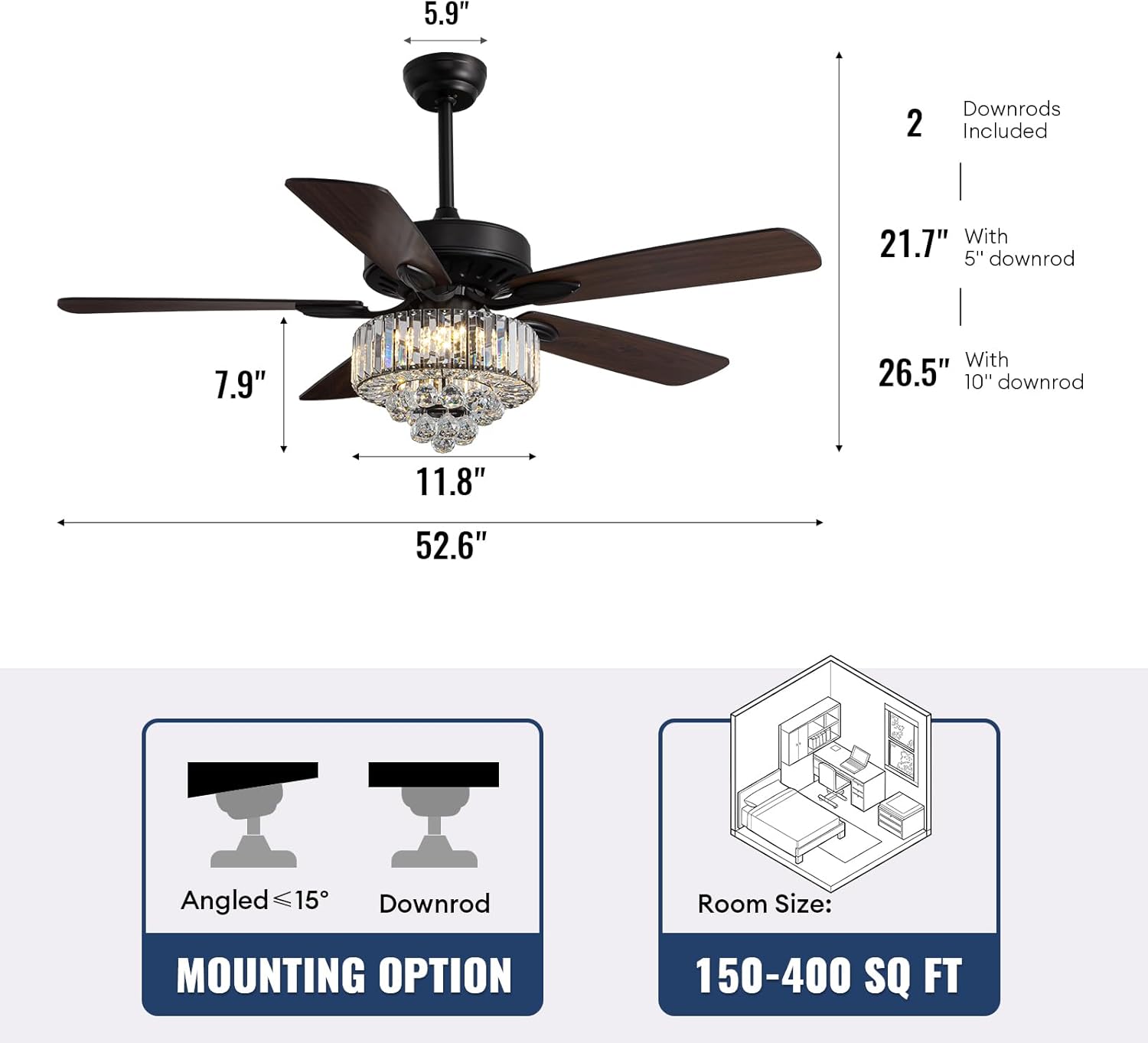52-inch Crystal Ceiling Fan with Lights,Modern LED Fandelier with Remote Control,6-Speeds,Low Profile Flush Mount Chandelier for Living Room,Dining Room,Bedroom,Foyer