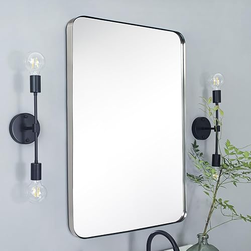 TEHOME Espejo de baño rectangular redondeado de níquel cepillado de 20 x 30 pulgadas, color plateado cepillado de 30 x 20 pulgadas, espejo de