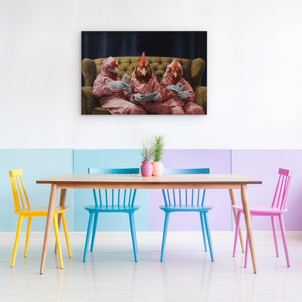 Canvas for Living room. Clucking Cash: Chickens in Lab Coats Dialing in Riches on a Leather Sofa, 27 x 18 inch Canvas Wall Art - Office Wall Decor - 69x46 cm (27x18 inch)