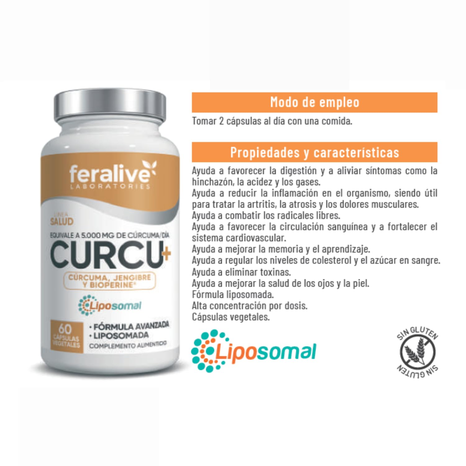 Curcu+ 60 Cápsulas – Cúrcuma Liposomada y Jengibre con BioPerine® – Suplemento para Articulaciones, Digestión, Inflamación y Daño Oxidativo