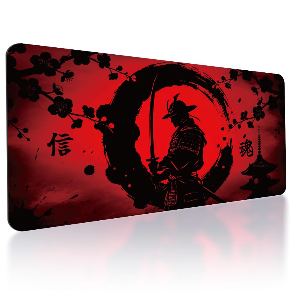 TNKBREEZE Large Gaming Mouse Pad Red Japanese Extended Desk Mat for Office and Home Samurai Big Mousepad with 3mm Thick Non-Slip Rubber Base Keyboard Mats for Computer PC Desktop Decor 15.7 x 31.5inch