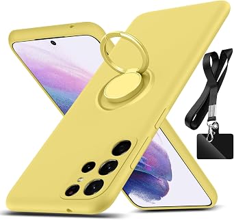 for Galaxy S22 Ultra Case, with 360Rotatable Ring Holder Kickstand & Strap Lanyard Liquid Silicone Slim Protective Case for Galaxy S22 Ultra, Yellow 2.113
