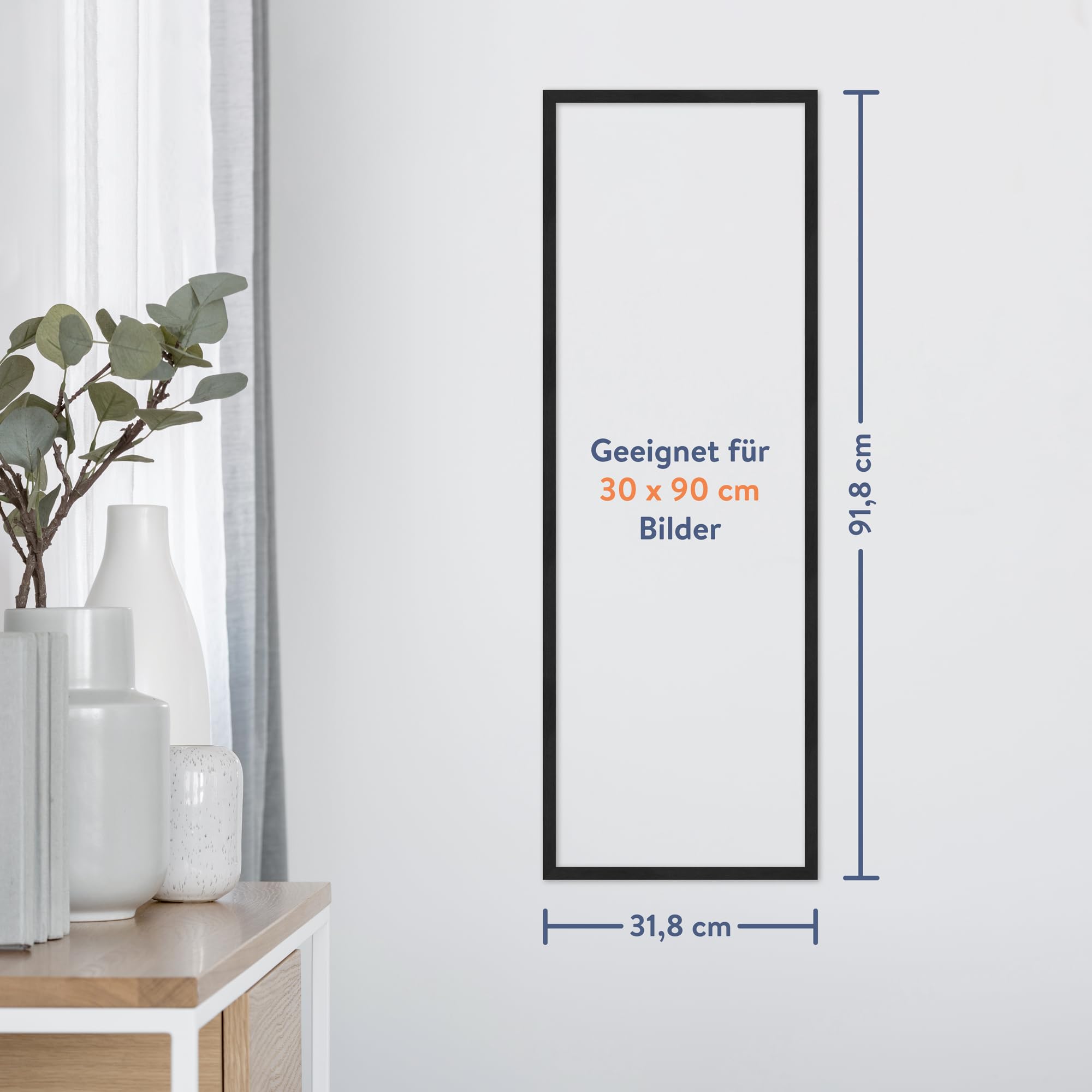 WANDStyle Bilderrahmen 30x90 Schwarz, moderner Bilderrahmen Holz 30x90 cm | Hochwertiger Holzbilderrahmen, Posterrahmen zum Aufhängen, Rahmen 90x30 cm, Fotorahmen H950 - Made in Germany
