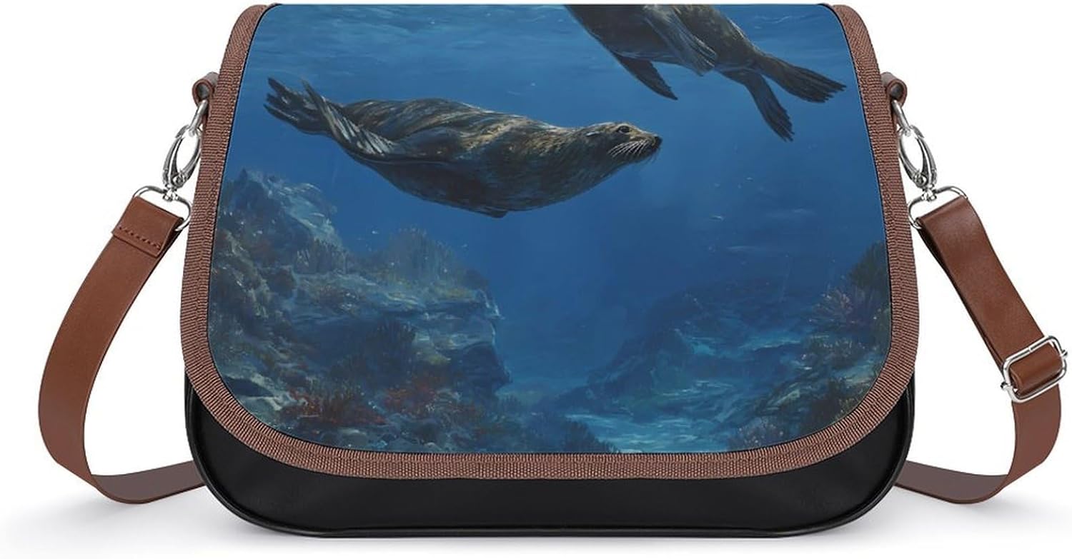 Sea Lion Swimming in Ocean Women Crossbody Purse Leather Messenger Bag Handbags Shoulder Strap Bags