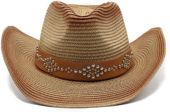 Western Cowboy Hat, Straw Woven, Brown Leather Band with Studded Design, Beige
