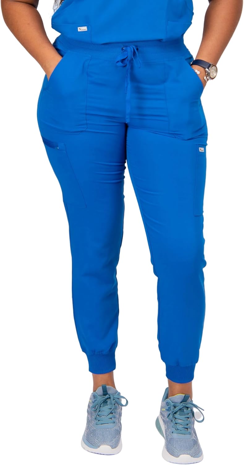 Rare-Bijoue Five-Pockets Women's High Waisted Jogger Scrub Pants, Four-Way-Stretch. Scrubs Bottom for Women