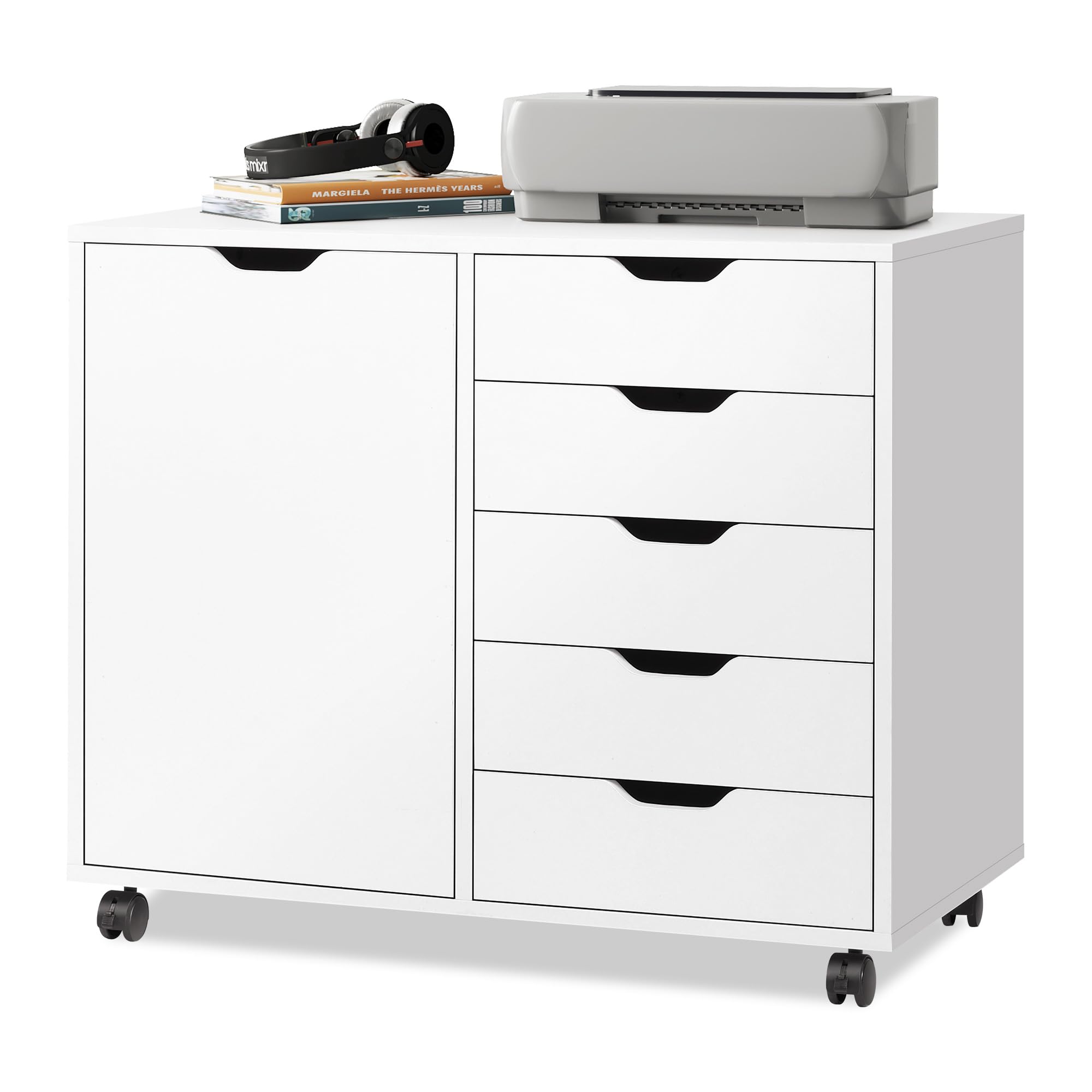 DEVAISE Caisson de Bureau 5 Tiroirs et Armoire 2 Niveaux, Meuble Sous Bureau avec Support Imprimante, Rangement pour Formats Lettre/Légal/A4 Blanc