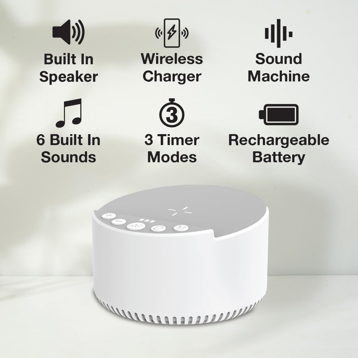 Diagram of InnoVibe Sound Machine features: Built-in Speaker, Wireless Charger, Sound Machine, 6 Built-in Sounds, 3 Timer Modes, Rechargeable Battery.