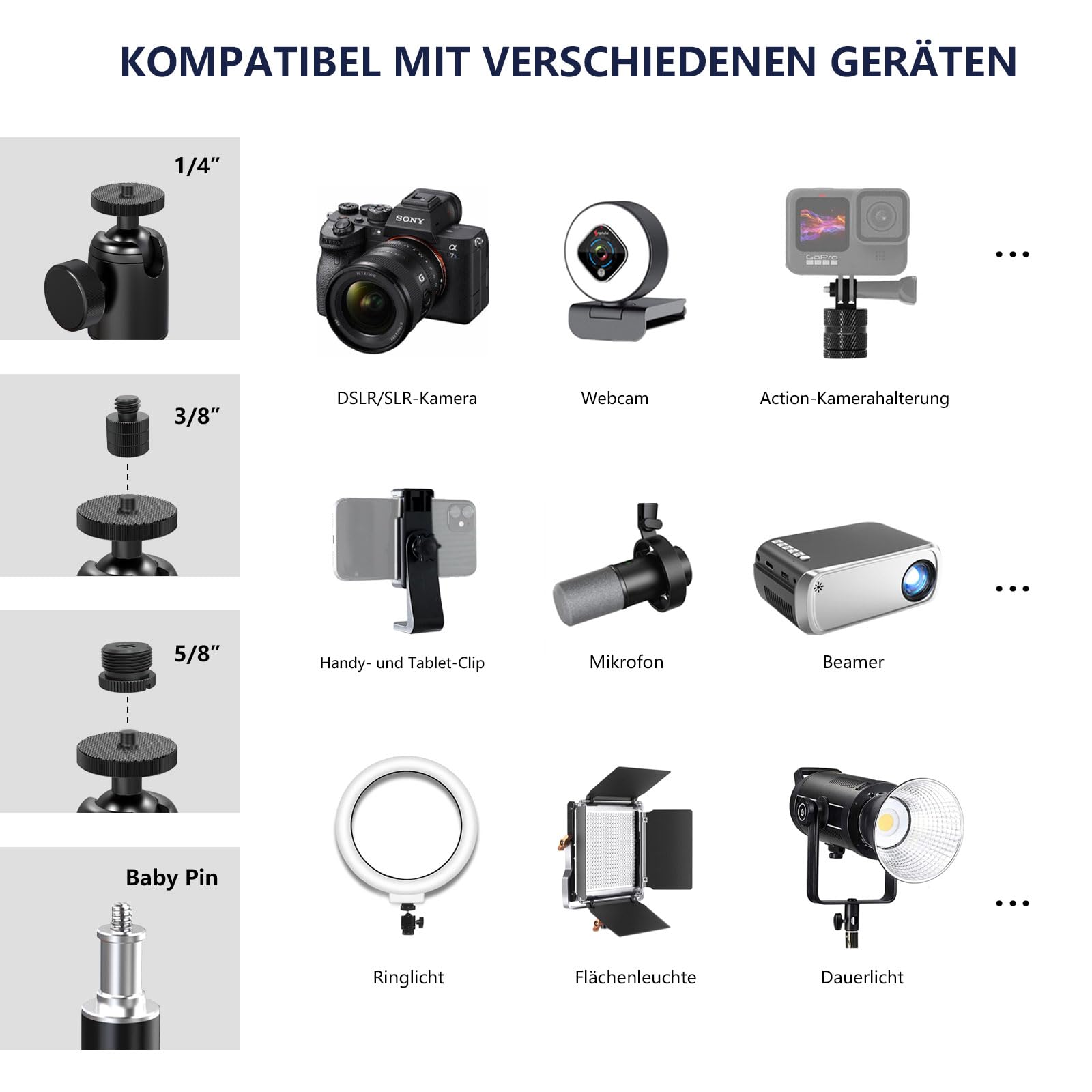 【Ganz aus Metall】RAUBAY Desktop Magic Arm, Overhead-Kamera-Tischhalterung, Tischleuchtenstativ mit 1/4-Zoll-Kugelkopf, 3/8-Zoll & 5/8-Zoll-Adapter, C-Klemme für DSLR, Webcam, Mikrofon, Projektor DMA01