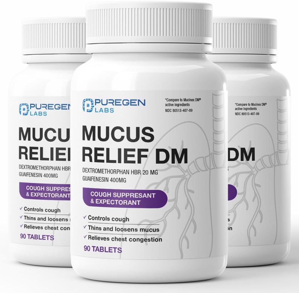 Puregen Labs Mucus Relief DM | Dextromethorphan HBr 20mg | Guaifenesin 400mg | Cough, Immediate Release Uncoated Cough & Mucus Expectorant Pill – Total 270 Tablets