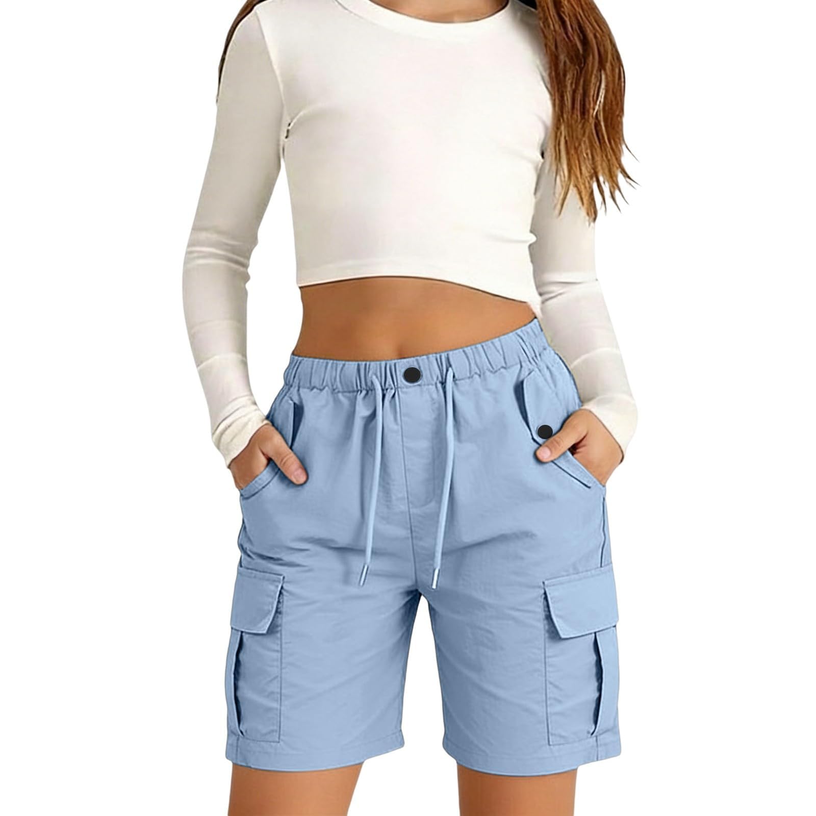 Generisch Shorts Mädchen Sommer Baggy Elastische Taille Cargo Shorts Casual Bermuda Wanderhose Einfarbig Outdoor Arbeitshose mit Taschen und Kordelzug