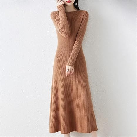 Jurken voor dames trui 100% merinowol dames O-hals warme gebreide jurk, Beige, XXL Jurken voor dames trui 100% merinowol dames O-hals warme gebreide jurk, Beige, XXL