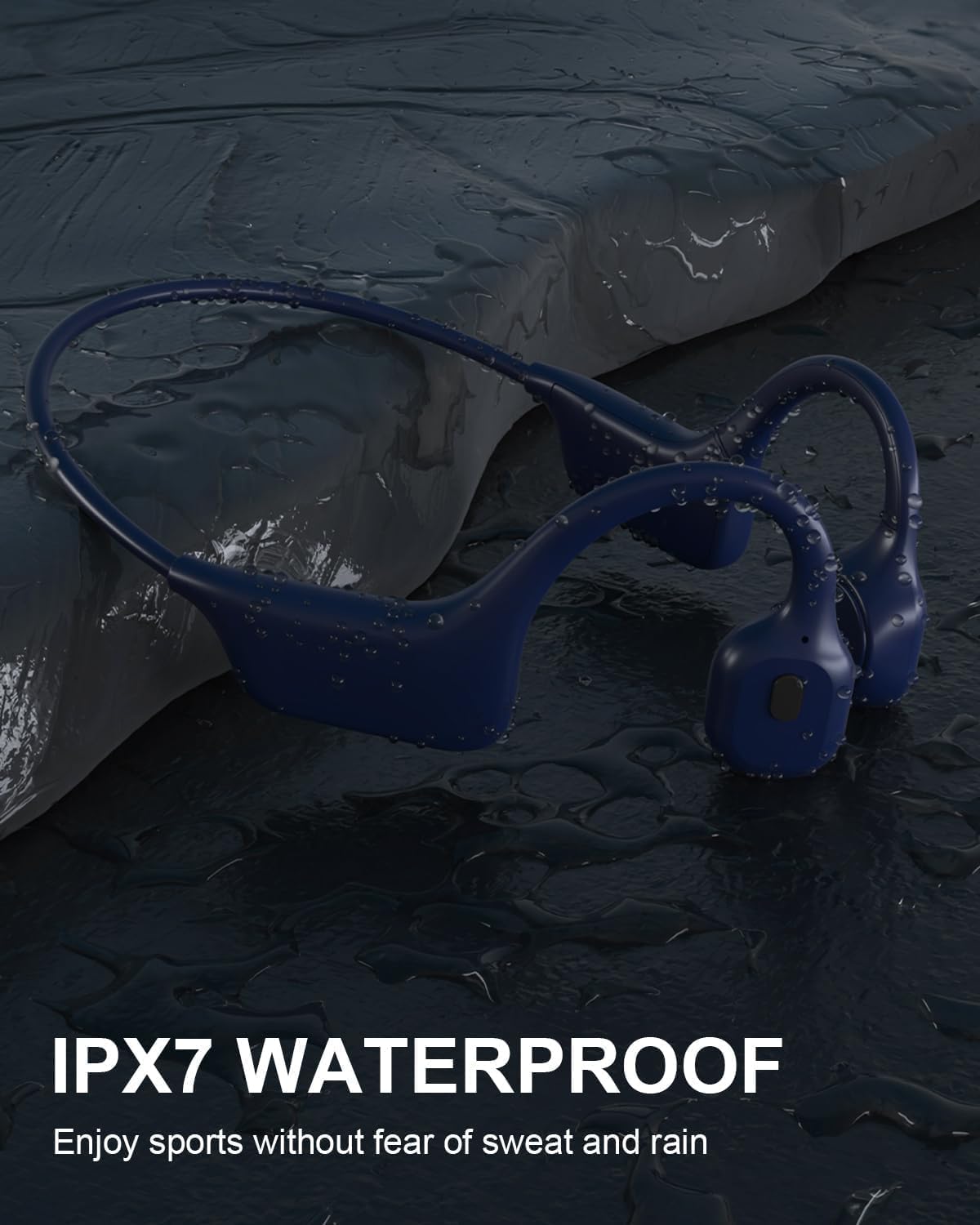SANOTO DG08 headphones on a wet surface, demonstrating IPX7 waterproof rating