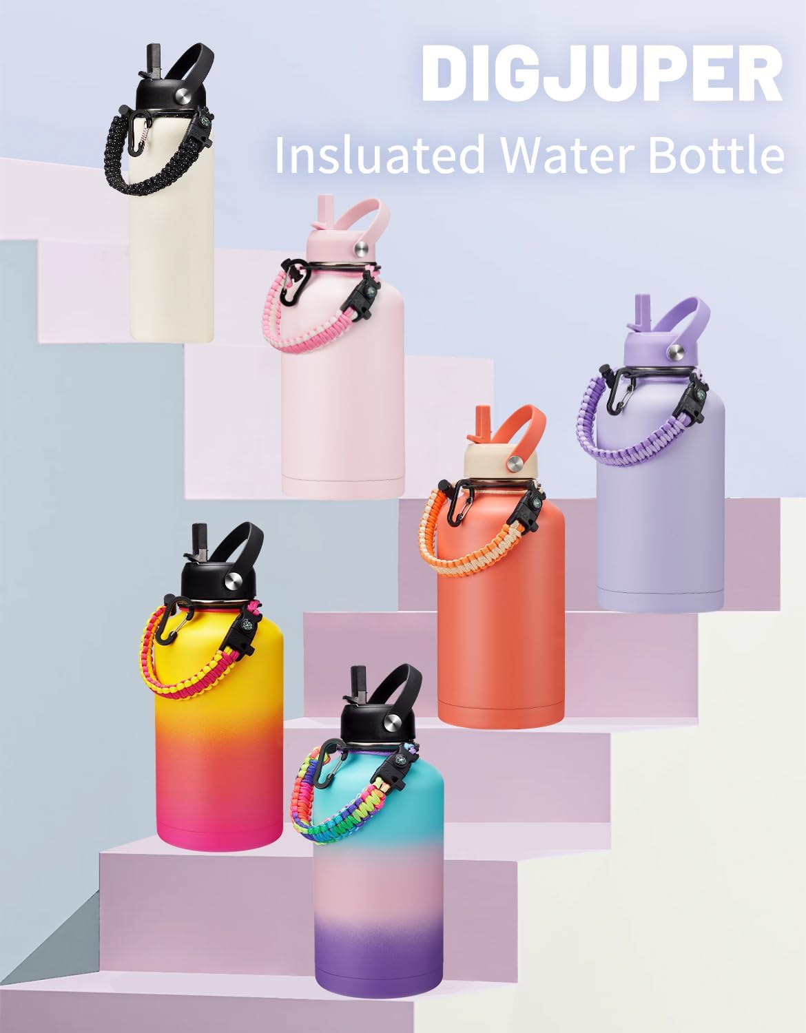 Half-gallon Insulated Water-Bottle with Straw - Stainless Steel Thermo Jug with Spout Straws Lids, Paracord Handle & Bottle Sleeve, 64OZ Vacuum Thermo Water Bottle for Camping Trip - Image 8