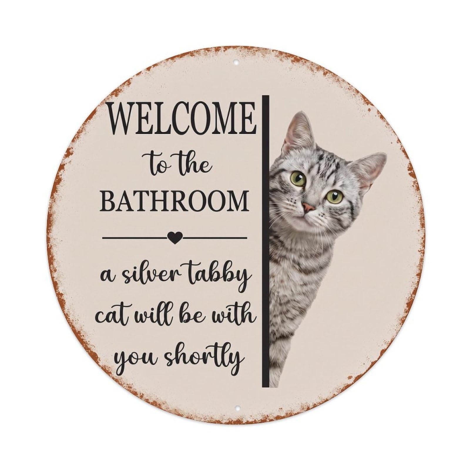 Vintage WELCOME To The BATHROOM Silver Tabby Cat Metal Tin Sign