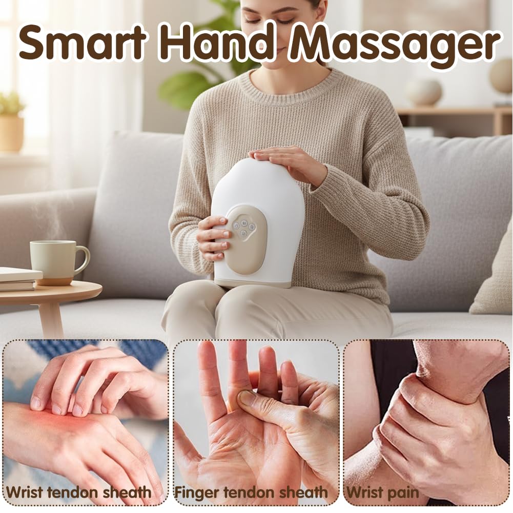 Handmassagegerät Elektrisch, Intelligenter Handmassager mit Wärmekompression, Kabelloses Handmassagegerät mit 3 Modi & 3 Temperaturen, Electric Hand Massager