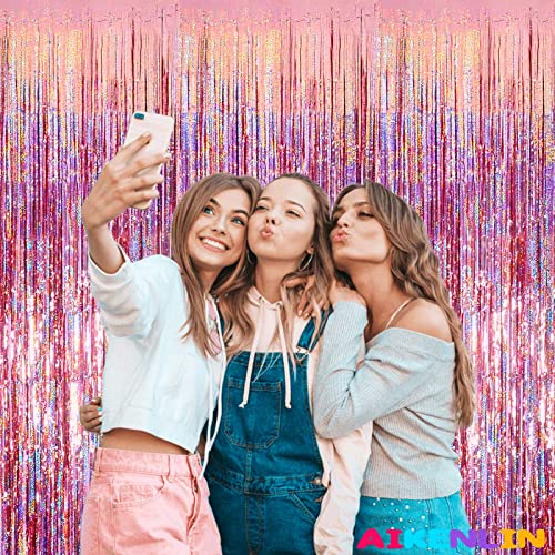 Image of 4 Pack 3.2Ft x 8.2Ft Rose Gold Foil Fringe Curtain Backdrop, Metallic Tinsel Foil Fringe Streamers Curtains Background for Photo Booth, Birthday, Wedding, Disco, Bachelorette, Christmas Party Decor