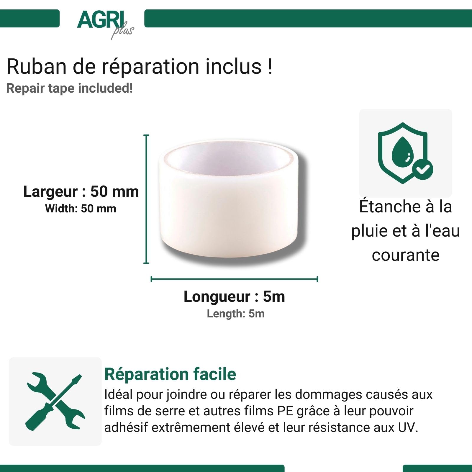 AGRI plus Film de Serre avec Bande de réparation I 4,5 x 5 m I épaisseur 0,200 mm I Film de Jardin pour Couverture I bâche de Protection résistante aux intempéries & 5 Ans de résistance aux UV