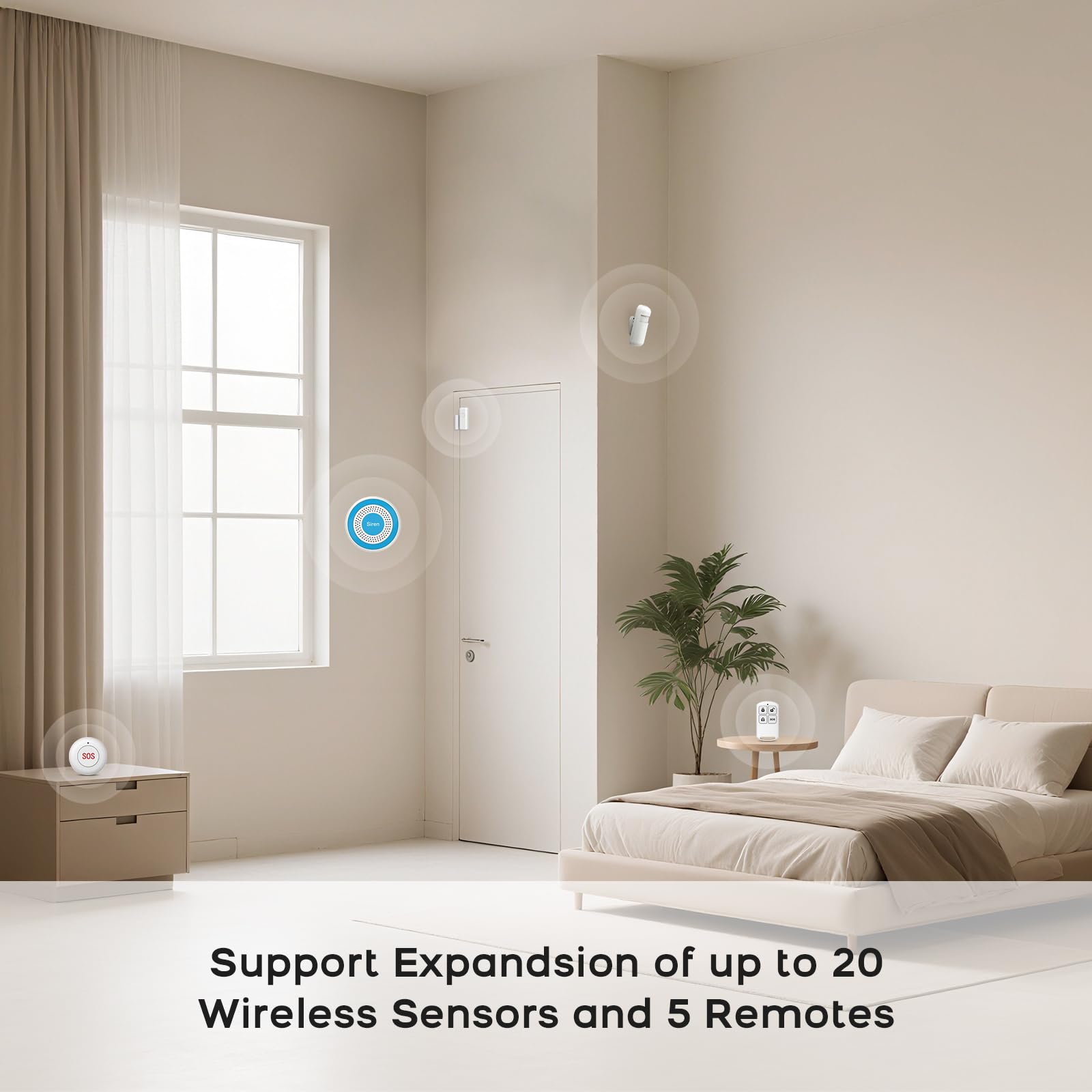XNY Systèmes de sécurité pour maison intelligente, systèmes d'alarme sans fil avec 4 capteurs de porte et fenêtre, 1 détecteur de mouvement, 2 télécommandes, WiFi 2,4 GHz, notification d'application