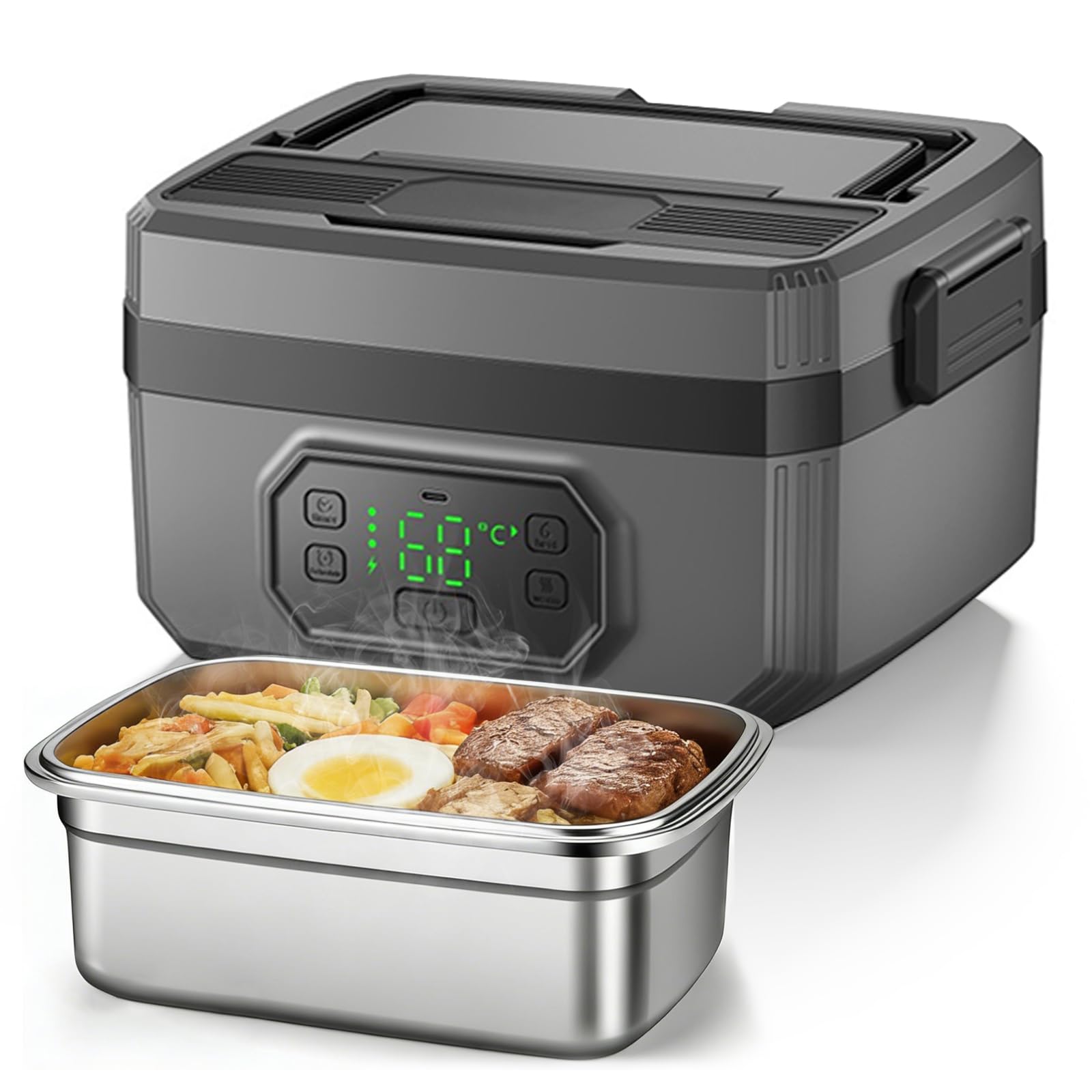 LIROPAU Contenitore per il pranzo elettrico, portatile, 1,6 l, con timer e funzione di riscaldamento regolabile, per lavoro, famiglia, campeggio, ufficio, auto, viaggi, cantieri
