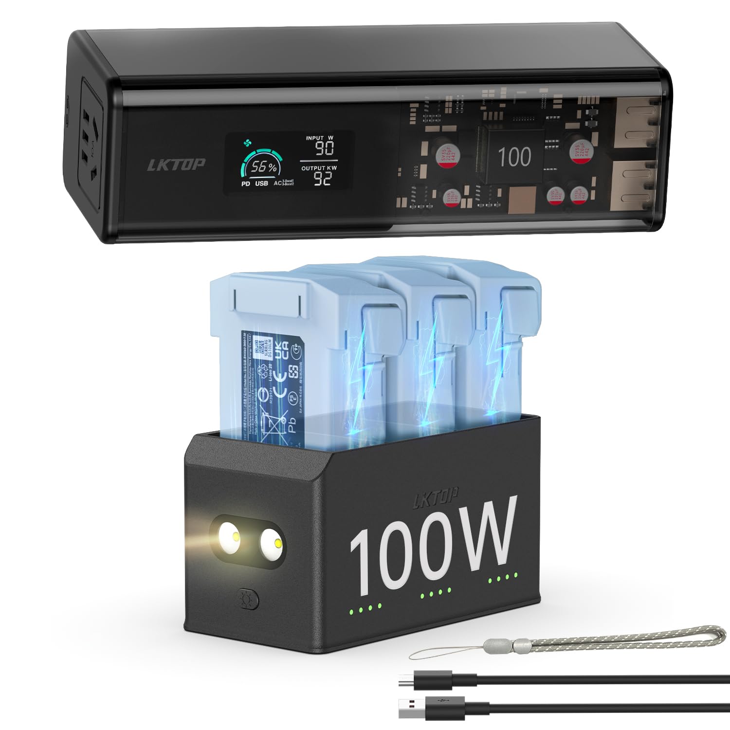 LKTOP 100W Drone Power Station+Mini 5/4/3 Series Fast Charging Hub for DJI Drones/Hub/Controller/Camera Accessories, 27000mAh Battery Power Packs USB-C/A AC Port LCD Screen LED Mode for Outdoor