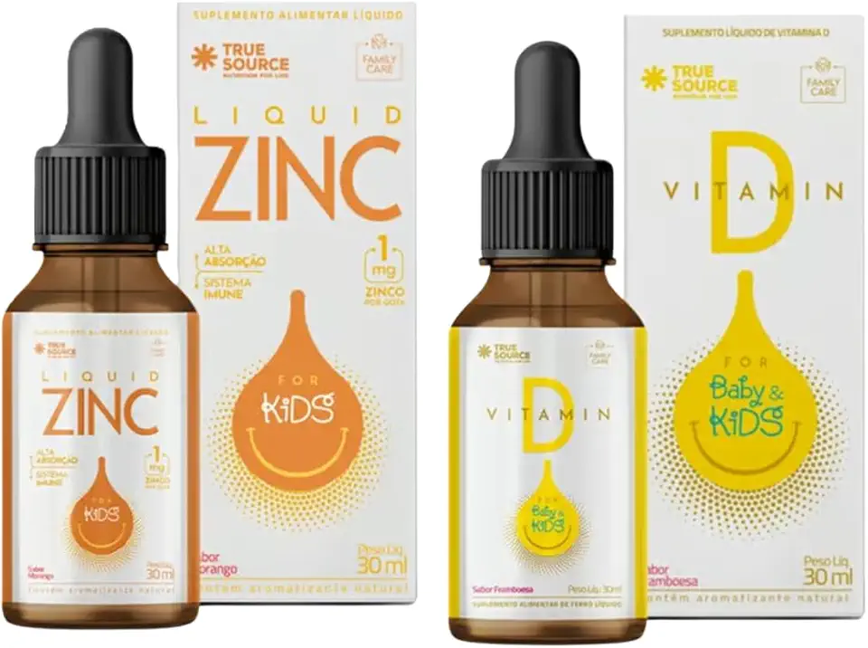 Combo Zinc For Kids 30ml Morango True Source e Vitamina D Baby & Kids 30ml Framboesa True Source