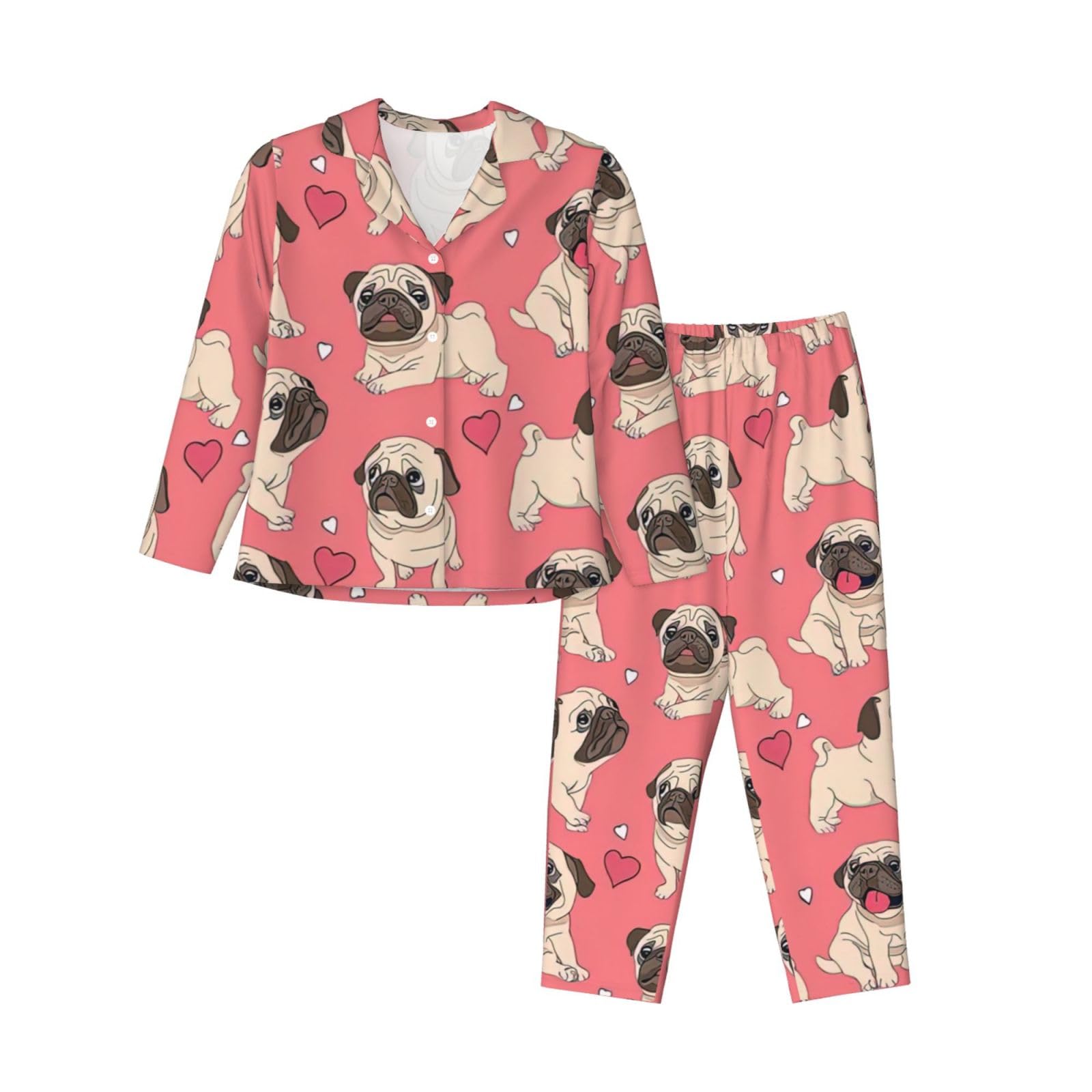 Limpac Women's Black Funny Cartoon Pug Puppy Dog Print Pajama Set, Long Sleeve Button Down Pjs Sleepwear, Cozy Lounge Nightwear, Xl