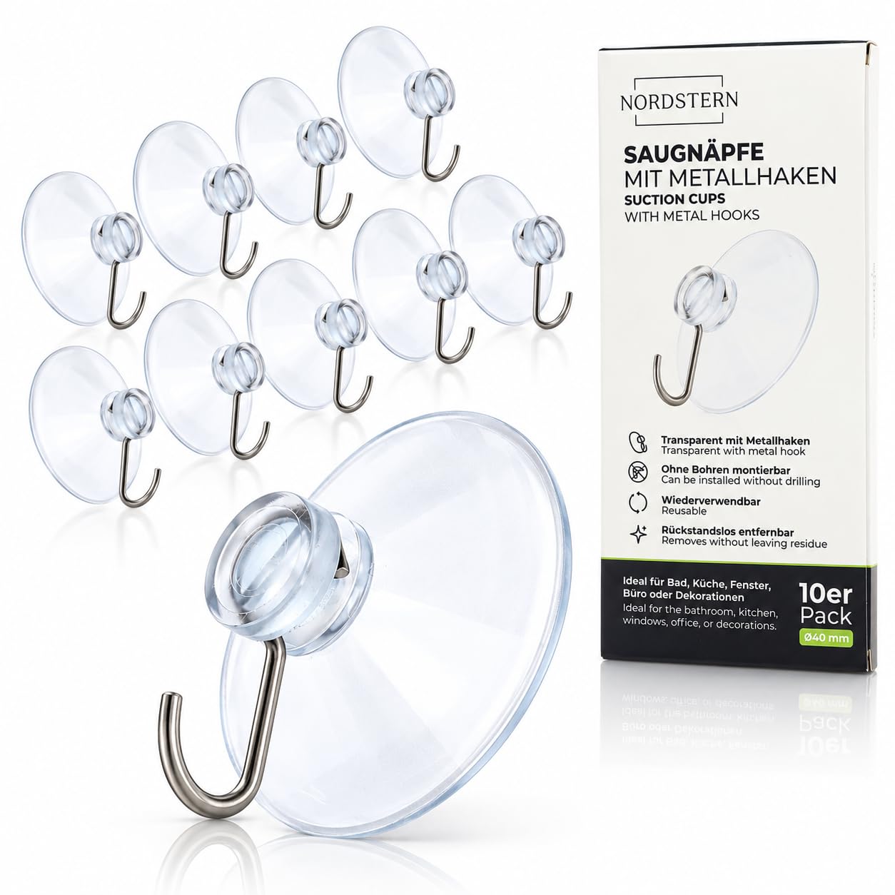 Nordstern Saugnäpfe mit Metallhaken 10er Pack, 40 mm, Transparent | Saugnapf Haken für Fenster, Bad und Küche, Halterung für Deko, Lichterketten und Handtücher