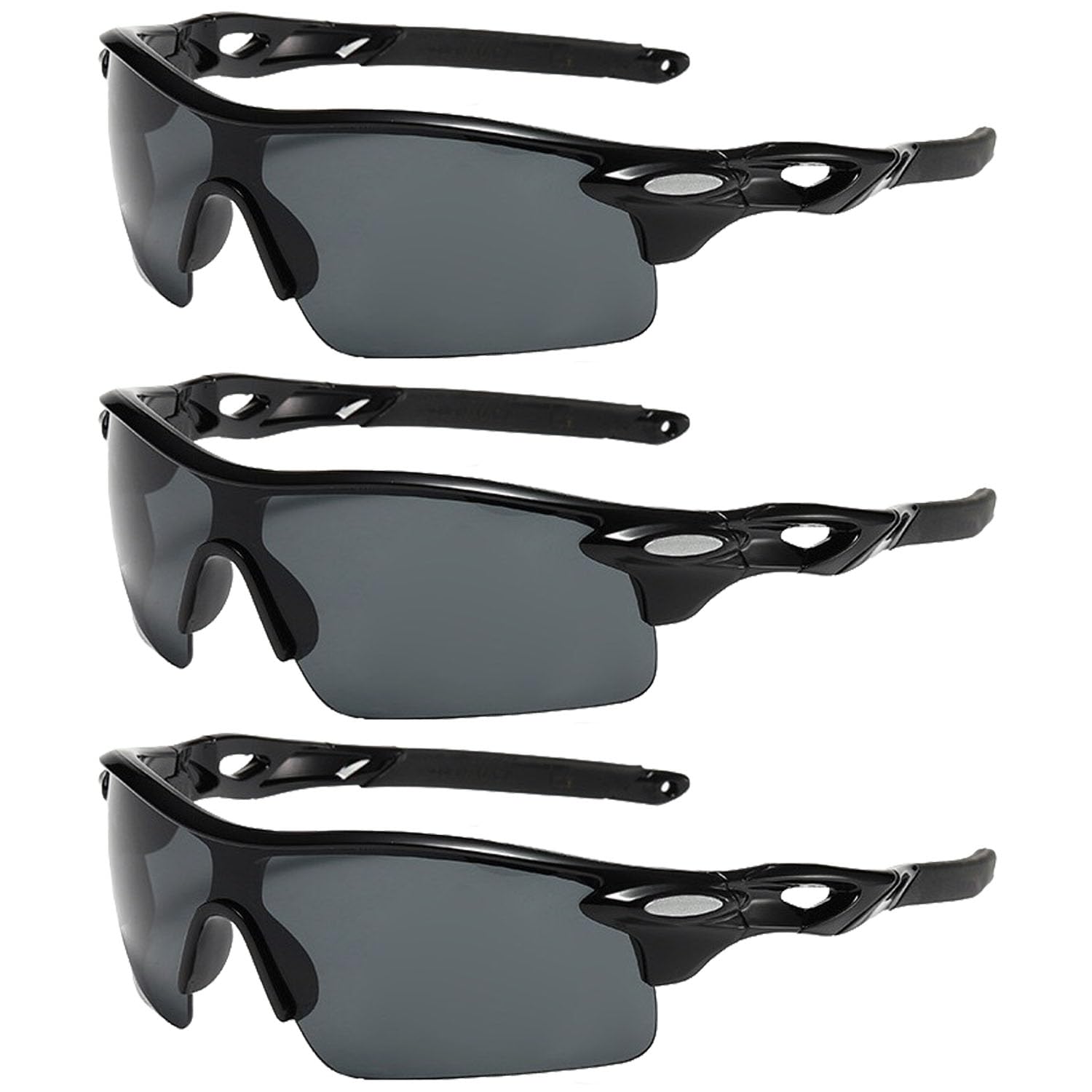 FIBOUND 3-Pack Polarized Sports Goggles - Windproof UV Protection Sunglasses for Cycling, Running & Skiing, Lightweight Shatterproof Lens for Outdoor Activities (Matte Black/Coloured)
