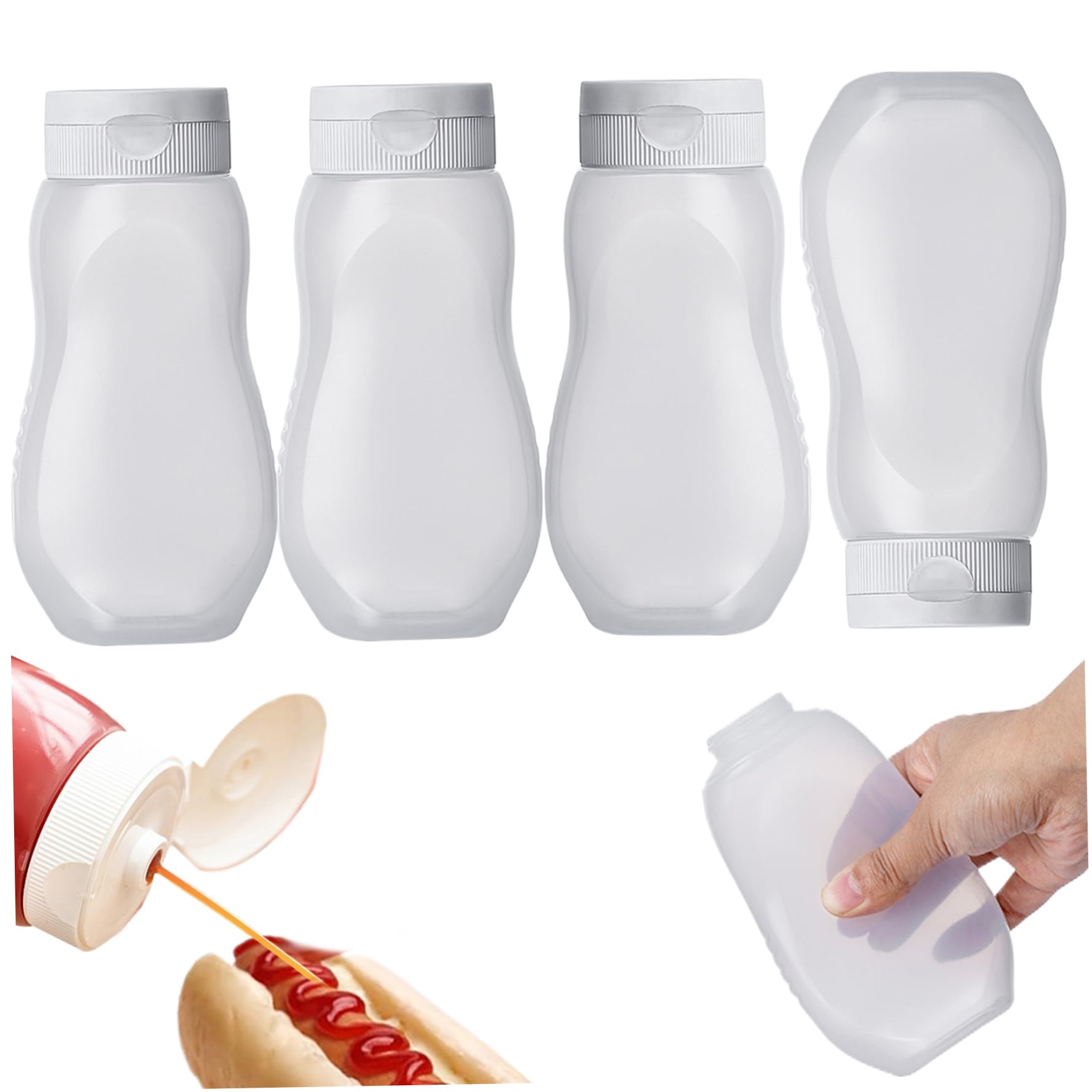 Hperu 4Pcs Squeeze Bottles For Sauces, 11 Oz Salad Dressing Container Bpa Free Ketchup Condiment Squeeze Bottles With Flip Top Cap, Leakproof Clear, Ketchup Bottle