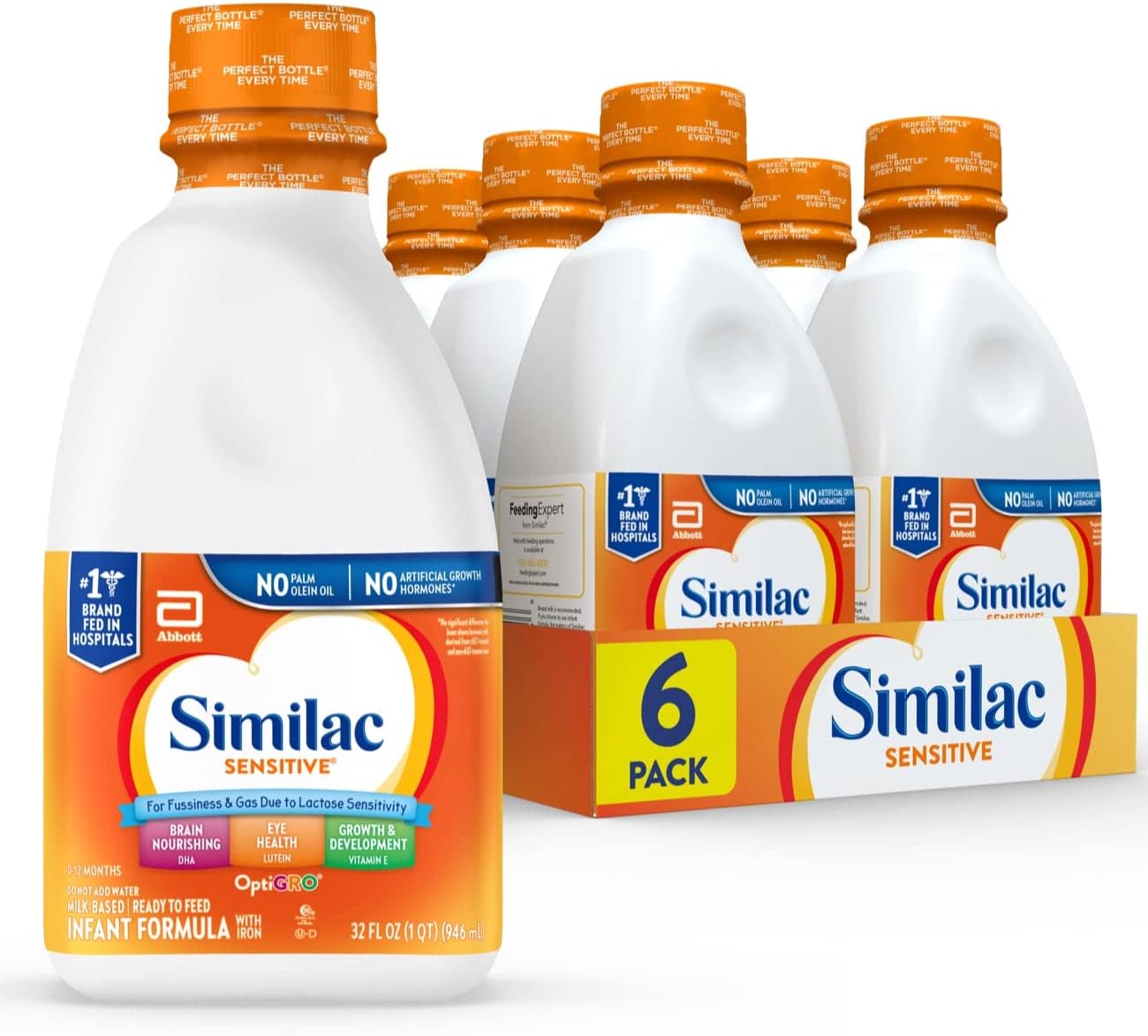 Similac Sensitive Infant Formula, for Fussiness & Gas Due to Lactose Sensitivity, Ready-to-Feed Baby Formula, 32-fl-oz Bottle, Pack of 6