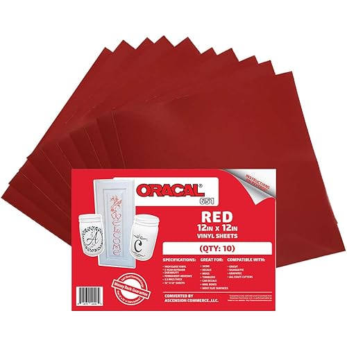 (10) 12" x 12" Sheets - Oracal 651 Red Adhesive Craft Vinyl for Cricut, Silhouette, Cameo, Craft Cutters, Printers, and Decals - Gloss Finish - Outdoor and Permanent