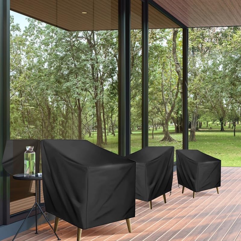 Waterproof Patio Chair Covers, 420D High Back Stacking Chair Cover, Lounge Chair Covers for Outdoor Furniture All Weather Protection, 2 Pack, Black(25x28x34/27.5")