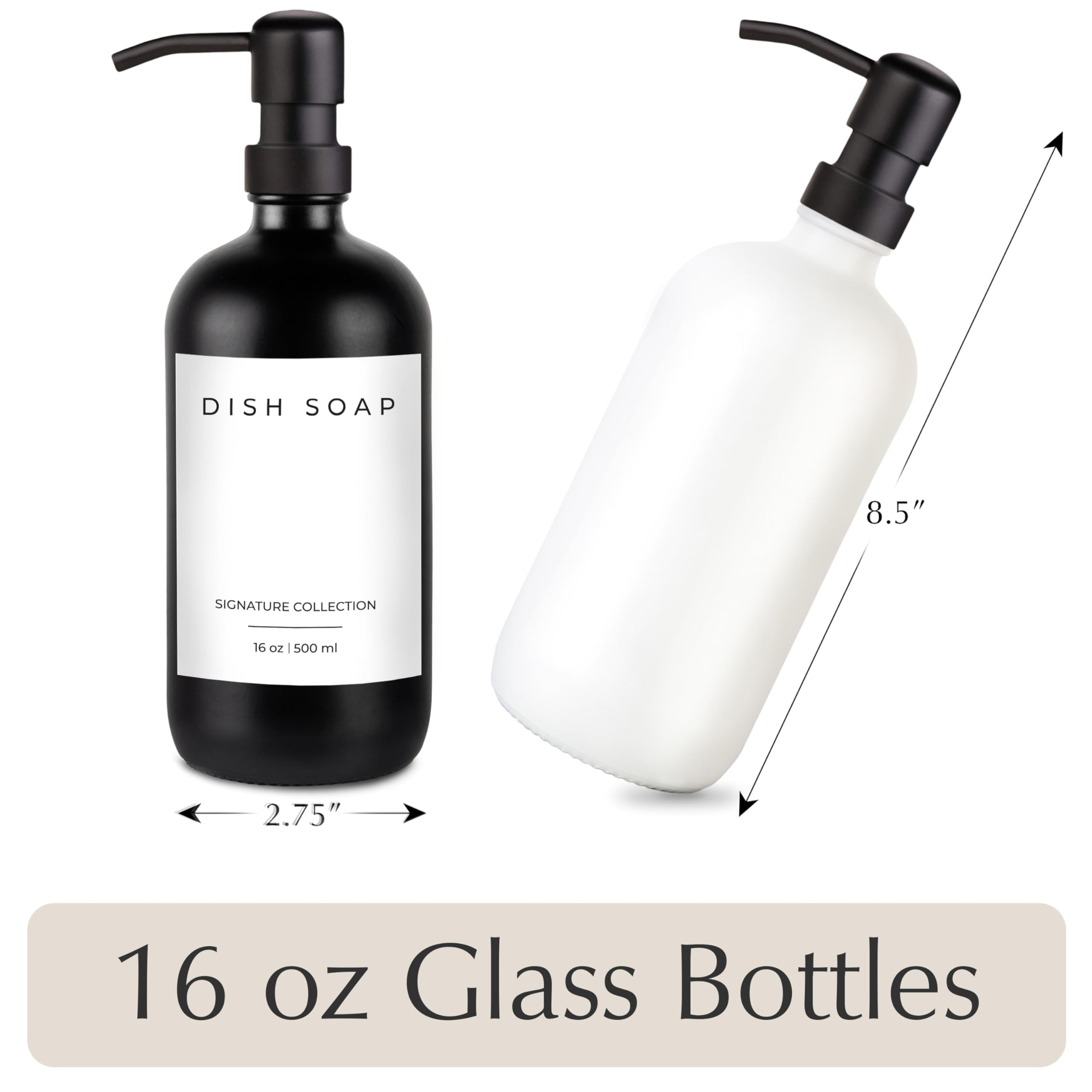 Emerson Essentials Dispenser per sapone in vetro, confezione da 2, pompe in acciaio inox antiruggine, set manuale per bagno e cucina, con barattoli di lozione ricaricabili per liquidi, 473 ml, 4
