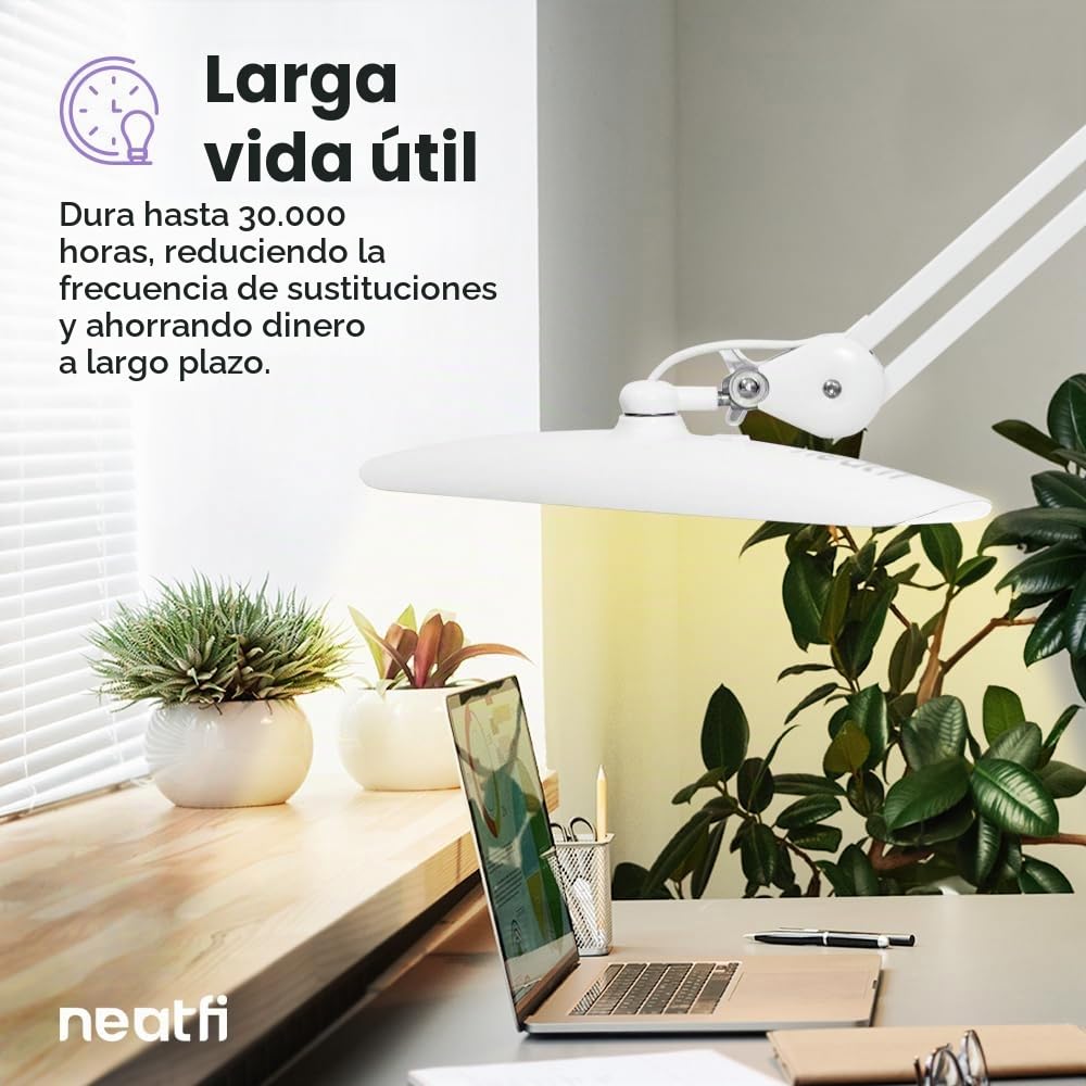 Neatfi XL Lámpara LED de Escritorio | 2.200 Lúmenes | 20W | Temperatura de Color Ajustable | Luz Regulable de 4 Niveles | Oficina en Casa | Cabezal Ancho de 51 cm (Blanco, CCT con Abrazadera)